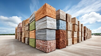 Massive bio stack composed of forest waste, crop leftovers, and compressed energy blocks at eco-fuel site