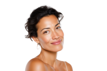 Smiling mixed-race woman in her 30s with glowing healthy skin