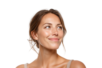 Caucasian woman in her 30s with natural glow looking sideways