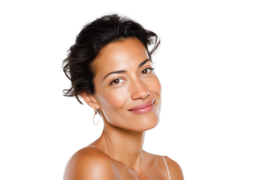 Smiling mixed-race woman in her 30s with glowing healthy skin