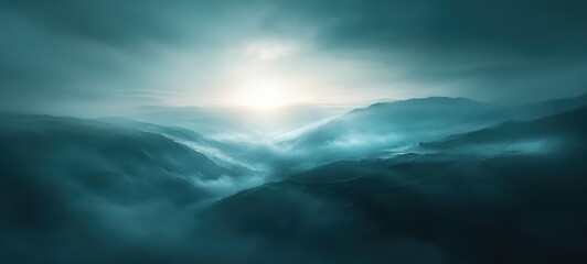 Naklejka premium A foggy landscape with an aurora glowing faintly above