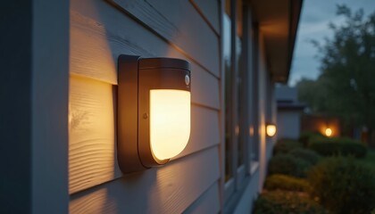 Exterior motion sensor light illuminates home at dusk. Outdoor lighting residential area, creates serene atmosphere. Security and safety, automated modern illumination, smart tech lighting in evening.