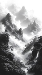 Misty Mountains with Forests and Waterfalls in Monochrome

