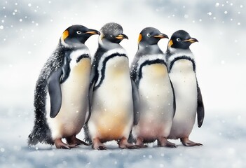 set isolated penguins white funny winter watercolor background design group beautiful cute wild animal polar icon cartoon cold happy illustration nature bird adorable arctic snow ice baby antarctica