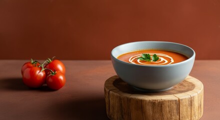 Creamy tomato soup in blue bowl with fresh tomatoes on rustic wooden stand