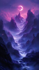 Glowing Crescent Moon Over Mountains and River at Dusk

