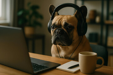 French bulldog wearing headphones attending online meeting with laptop, notebook and coffee mug in home office