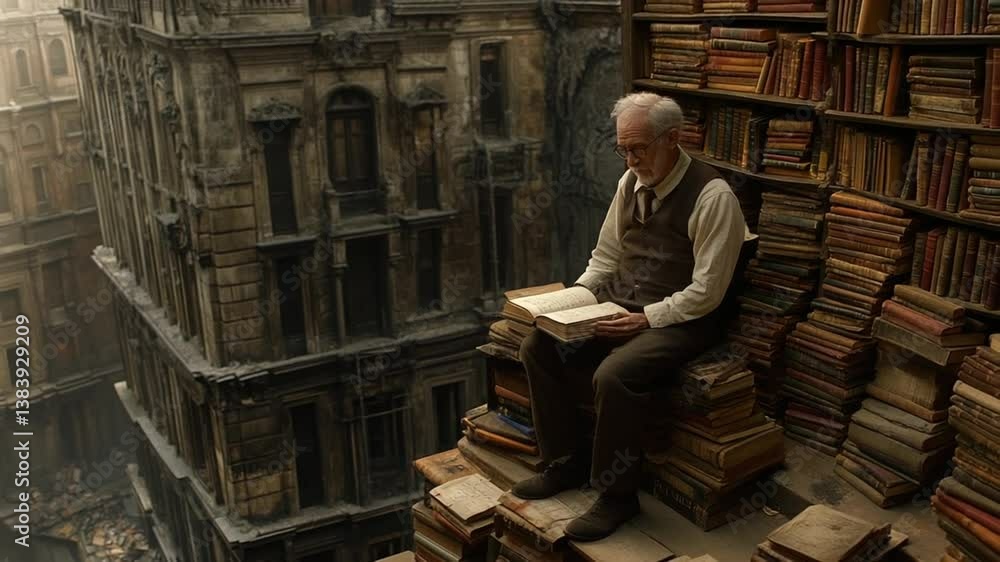 Aufkleber man studying in a vintage library archive surrounded by books generative ai
