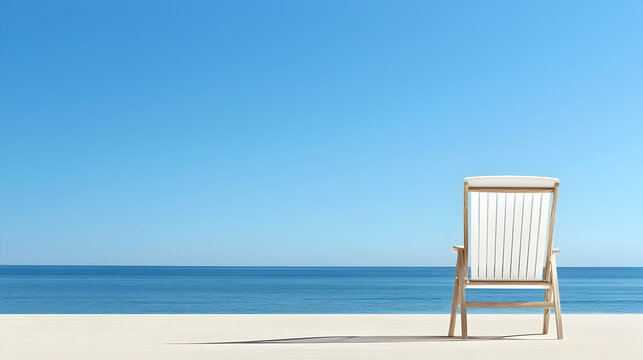 Empty Wooden Beach Chair On Sandy Shore With Ocean View