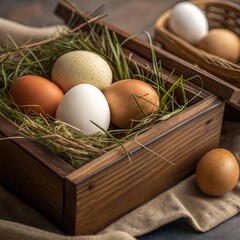 Rustic Still Life: Natural Eggs in a Wooden Nesting Box