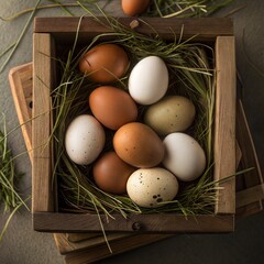 Rustic Still Life: Natural Eggs in a Wooden Nesting Box