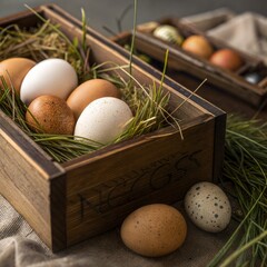 Rustic Still Life: Natural Eggs in a Wooden Nesting Box