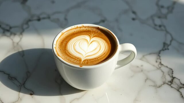 Flat white coffee with silky microfoam in minimal ceramic cup on marble table, great for lifestyle branding, coffee shops, or modern menus.