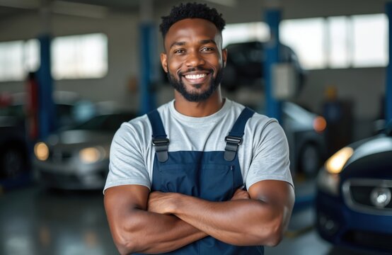 Portrait confident African American mechanic at auto repair shop. Man stands with crossed arms smiling. Skilled professional, automotive repair, car service.