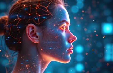 Futuristic portrait woman with glowing network overlay. AI, digital innovation, advanced technology, cyberspace connect to female face, augmented reality. Concept of future, virtual world, data