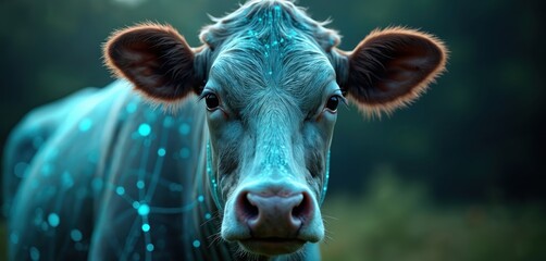 Close-up of cow with blue digital overlay. Futuristic farming concept illustrates tech integration. Cattle with ai, biotechnology, smart agriculture, innovative livestock solutions.