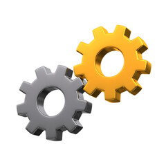 Golden and silver metal gears isolated. Mechanism icon concept. 3d rendering