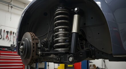 Detailed View of Car Suspension System Shock Absorbers and Brakes in a Garage Setting