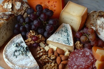 A rustic charcuterie board filled with gourmet cheeses, black grapes, assorted nuts, salami slices, and crusty bread, providing an appetizing and delightful culinary experience.