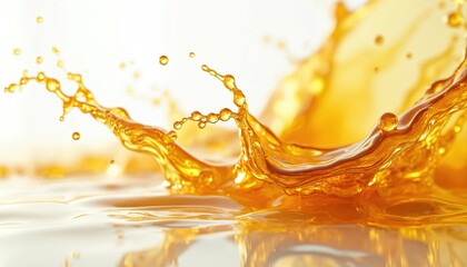 Illustration of splashing liquid. Gold color liquid drop with air bubbles isolated white background. Drop of cooking oil or honey. Realistic artistic render.