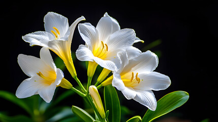 Obraz premium Delicate Lily Blossoms: A close-up showcases pristine white lily flowers with vibrant yellow stamens, against a sleek, dark backdrop, illuminating their exquisite beauty.