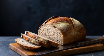 Freshly baked sourdough bread on wooden cutting board with knife