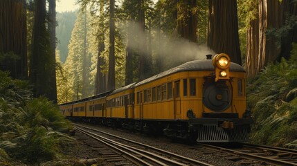 Fototapeta premium Train Journey Through Towering Redwoods