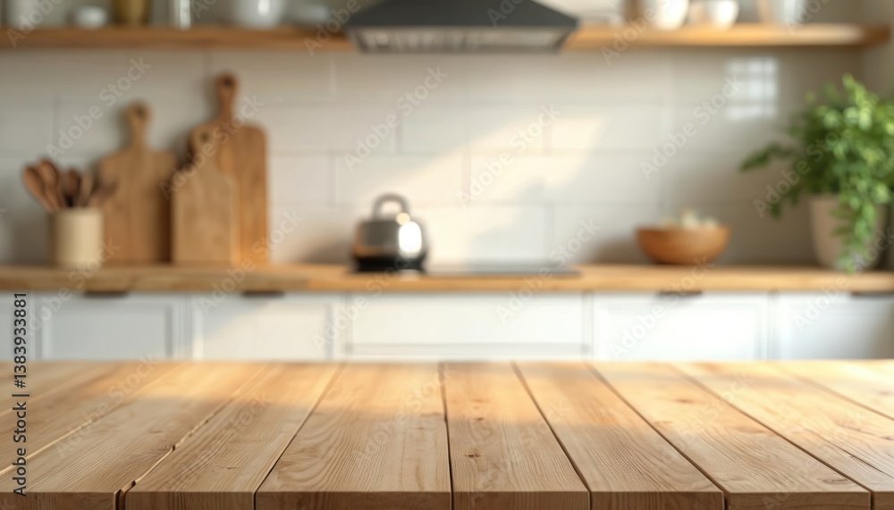 Poster wooden countertop in a blurred kitchen interior. empty surface for product display. modern minimalis