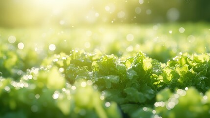 Obraz premium A blurred background of rows and rows of lettuce growing in the field, a blurred foreground, a sunny day with sunlight