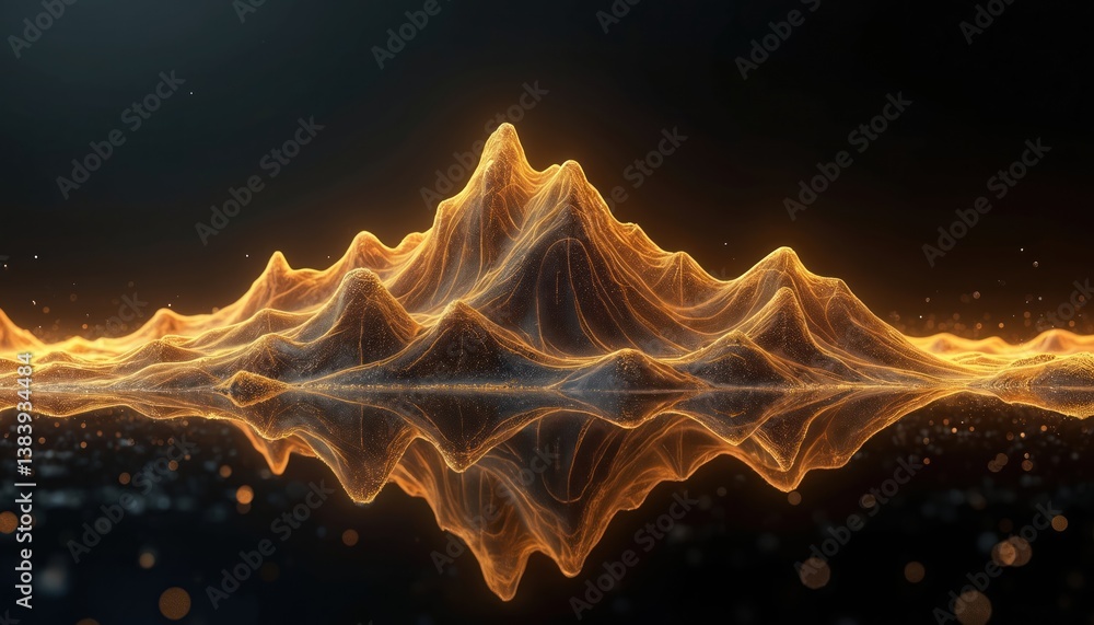 Poster abstract gold mountains with reflection on black background. glowing particles, digital art design. 