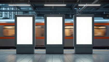 Three blank billboards on train station platform. Advertising placeholders for marketing or brand promotion. Fast train on background, copy space for text or design.