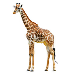 Obraz premium Giraffe standing tall with distinctive patterns on a white background in daylight setting, giraffe isolated on white background
