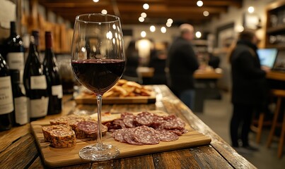 A glass of red wine is the focal point of a rustic setting, alongside charcuterie, creating a sophisticated experience. Bottles of wine stand in the background. The scene is set in an indoors area.