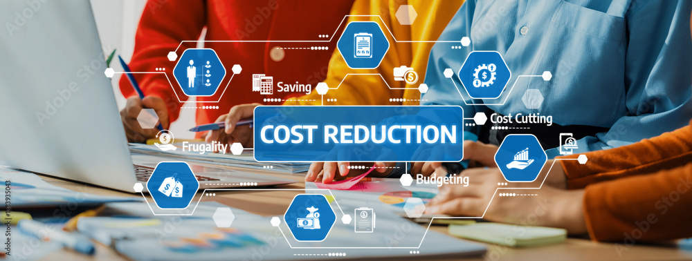 Poster a team collaborates on strategies for cost reduction in business, utilizing visual planning tools to