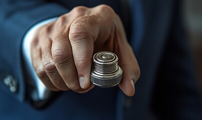 A close-up view of a person holding a small, intricately designed metal component. The person's hand is the focal point, showcasing the detail and texture of the object against a blurred background