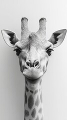 close-up of a majestic giraffe looking directly at the camera, in black and white. It's a portrait that highlights its unique features
