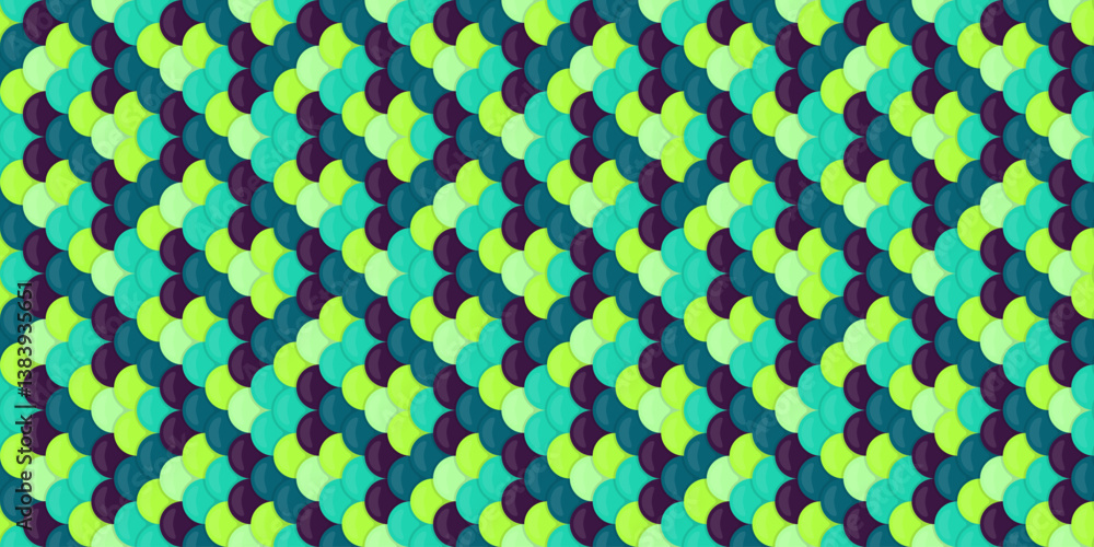Poster vibrant abstract pattern with overlapping teal, lime, and purple circles creating a dynamic, texture