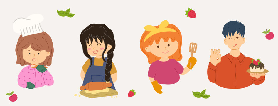 Children involved in baking, each with different tools related to baking. Cartoon style with bold outlines and bright colors. Light gray background. Suitable for kids cooking themes books and
