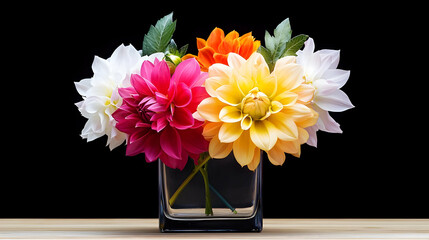 Colorful Dahlia Bouquet In Glass Vase On Wooden Table