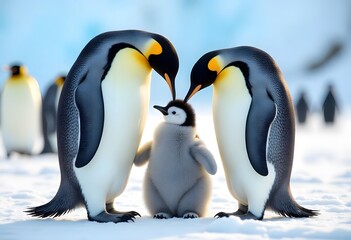 Emperor Penguin Family in Antarctic Snow &ndash; Wildlife and Parental Bonding