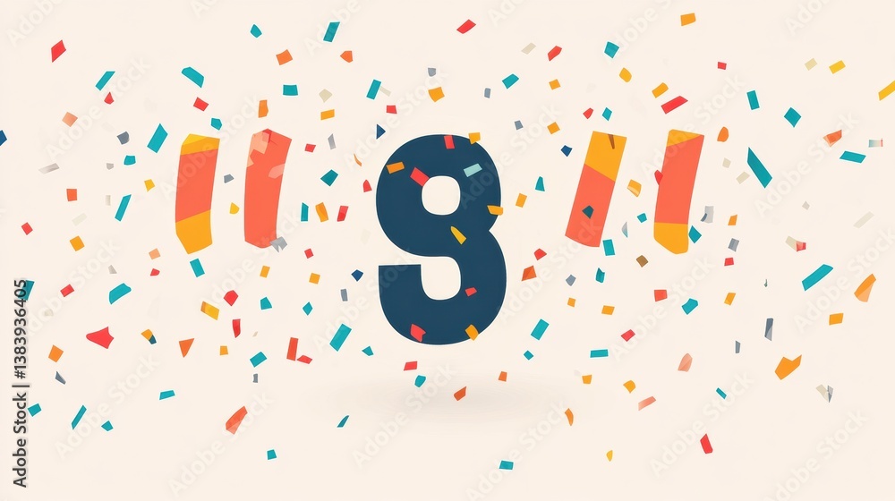 Poster celebrating a special age with vibrant number icon surrounded by colorful confetti in a joyful desig