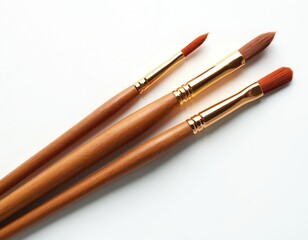 Set of three wooden brown paintbrushes isolated on white background. Artist painter tools instrument for painting. Art hobby equipment for drawing, creativity, canvas, artwork. Education, DIY, school.