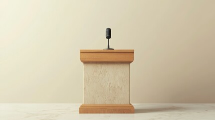 Wooden podium with microphone in minimalist room.