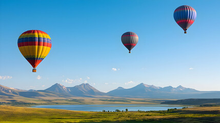 Fototapeta premium Colorful Hot Air Balloons Over Mountain Lake Landscape