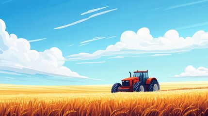 Fototapeta premium In the vast wheat field, an old tractor plows the land. The sky above is blue with white clouds floating. In the distance, mountains and hills are covered in golden grain.