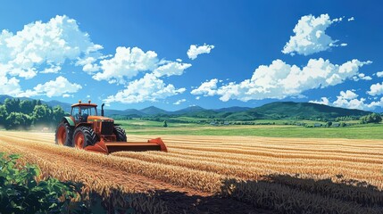Obraz premium In the vast wheat field, an old tractor plows the land. The sky above is blue with white clouds floating. In the distance, mountains and hills are covered in golden grain.