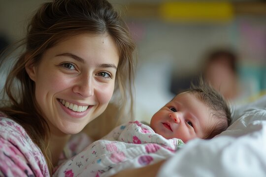 A mother tenderly cradling her newborn baby, both beaming with joy and love. A tender moment of maternal affection and the start of new life.