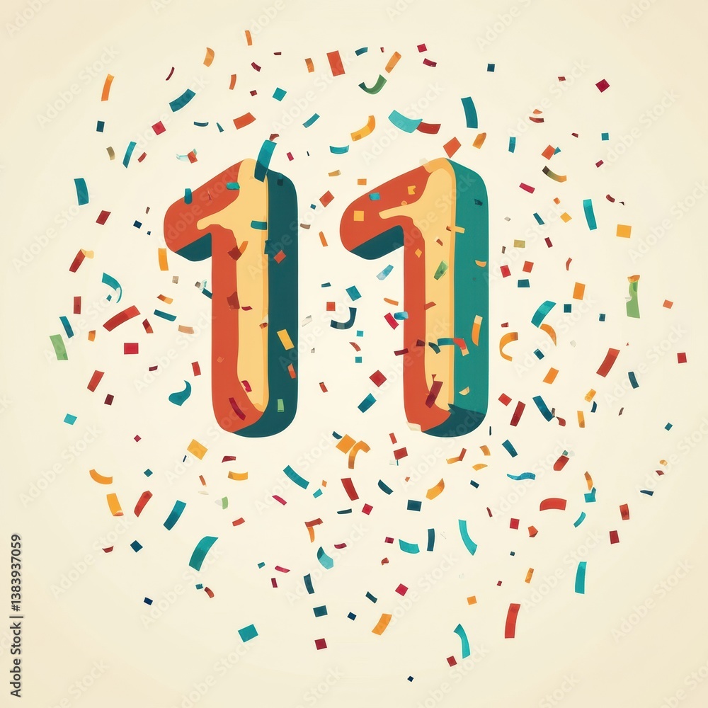 Poster modern playful number icon representing age 11 with colorful confetti falling in a warm and soft col
