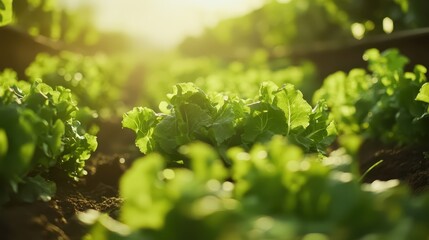 lettuce growing in rows on a farm, with a blurred background, on a sunny day with warm light and a green color palette 