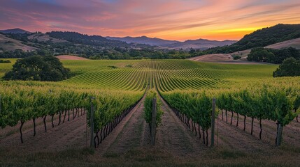 Naklejka premium Vineyard rows, wide-angle drone view, summer evening, green vineyards in Europe, grape vines growing in the field, panoramic landscape of a beautiful wine country area